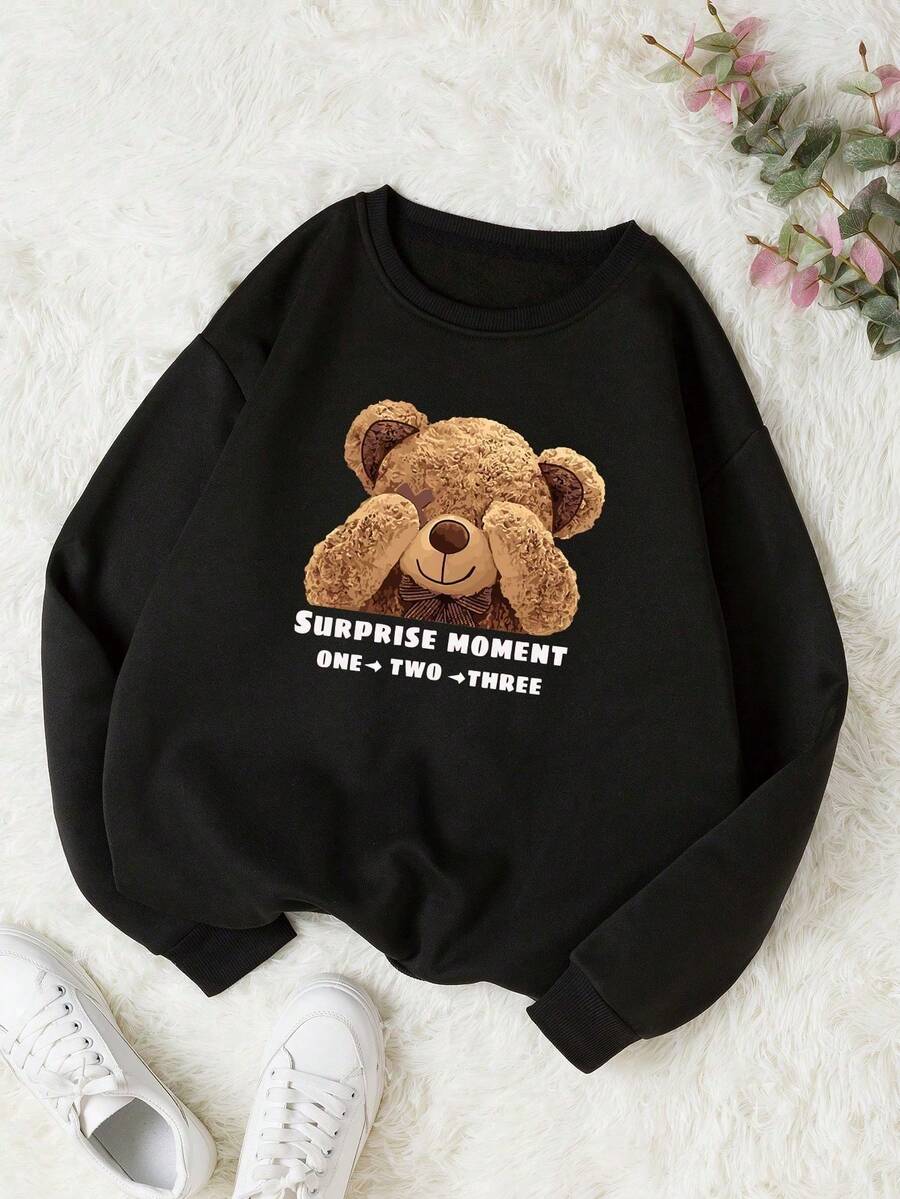 Crew Neck Sweatshirt With Surprise Bear Print - 黑色 - 查看 1