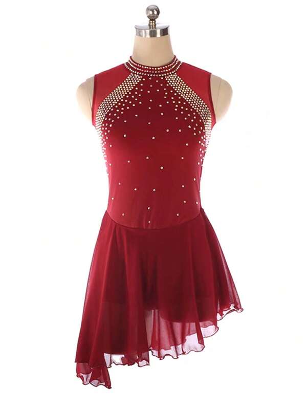 Figure Skating Performance Costume Black Gauze Rhinestone Backless Skating Costume Girls Figure Skating Competition Costume