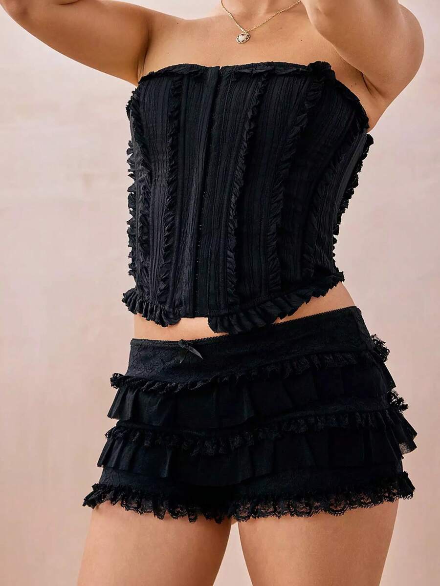 Women Lace Bloomers Shorts Casual Summer Layered Ruffle Elastic Short Pants For Vacation Beach Nightclub Streetwear For Girls - Black - View 1