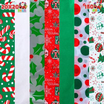 JOYFY 150 Sheets Tissue Paper Assortement Classic Christmas Design, Gift Wrap Paper, Accessory For Gift Boxes, Gift Wrapping Bags And Wine Bottles