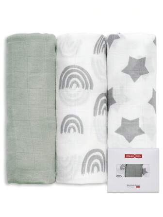 GLLQUEN BABY 婴儿包巾 3 条装，男童纯棉平纹细布襁褓毯女童新生儿方形透气柔软薄婴儿毯布双层吸水婴儿襁褓巾，适用于嘴巴和手部，Oeko-Tex 认证