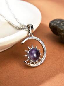 1pc Natural Crystal & Stone Crescent Moon Necklace For Women - Multicolor - View 2