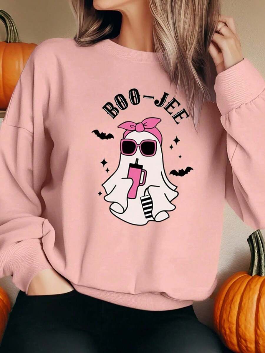 Crew Neck Sweatshirt With Cute Ghost Print, Halloween - Màu Hồng baby - Xem 1