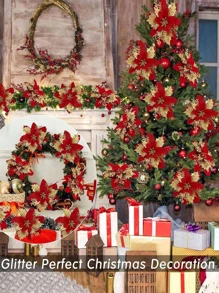 36 件人造一品红闪光花装饰套装、红金假花装饰、带夹子和花枝的人造花树装饰、花环装饰、窗户壁炉装饰、DIY 花环、派对装饰用节日配件、树装饰、人造树吊坠装饰、新年婚礼派对装饰、返校情人节 - 彩色 - 查看 7