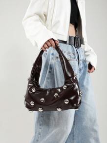 Kafe Brown Fashion Vintage Stylish Soft Leather Rivet Decor Crescent Shoulder Bag For Women, Large Capacity, Suitable For Work, Casual And Travel, Autumn/Winter - Coffee Brown - View 5