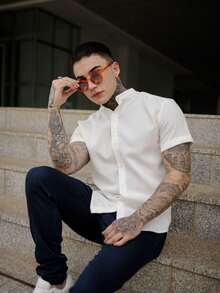 Men's Slim Fit Priest Collar Shirt With Rustic Linen Look In Various Premium Colors - 白色 - 查看 2