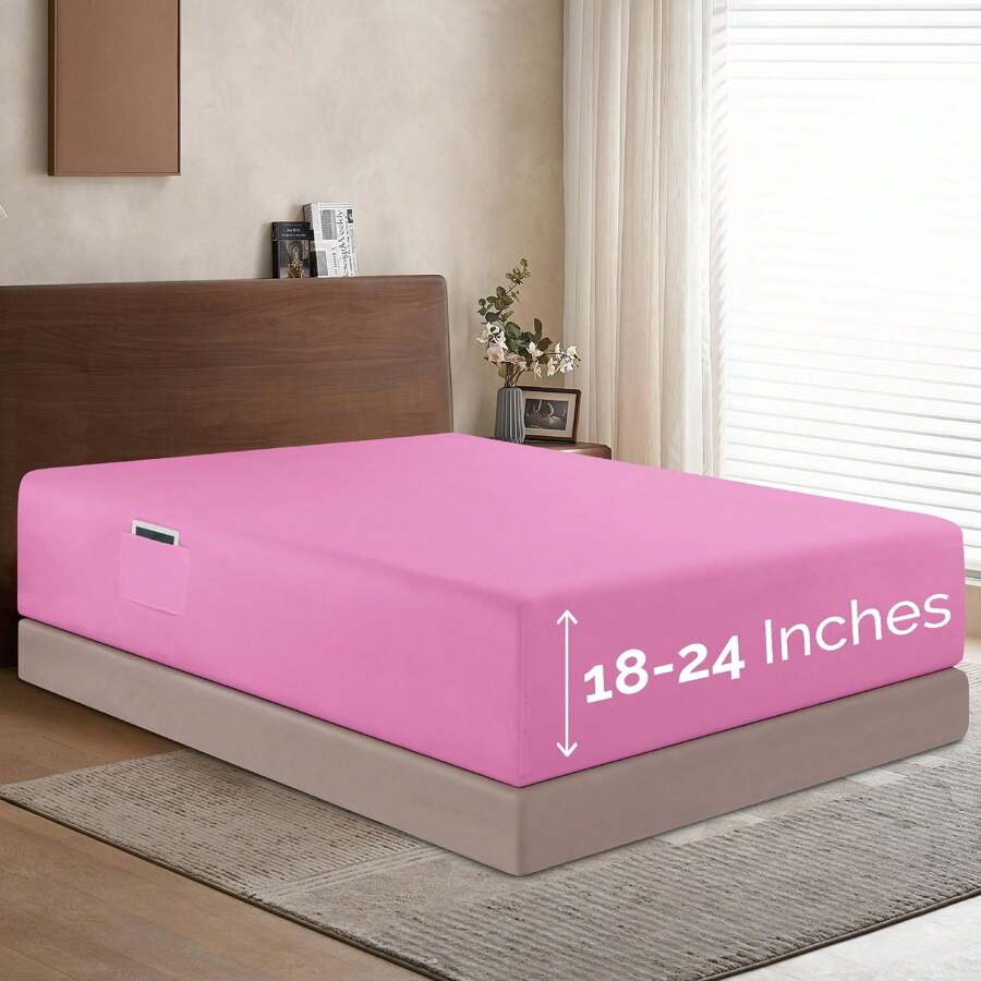 Elegant Comfort Luxury 1pc Extra Deep 18-24 Inch Deep Pocket Fitted Sheet - All Around Elastic Bedding Mattress Covers With Deep Pocket Up To 24 Inch And Double Sided Storage Pockets, Ultra Soft Machine Washable Luxury 1-Piece Bed Fitted Sheet - Fade And Wrinkle Resistant Premium Hotel Quality Twin/Full/Queen/King/Cal King Fitted Sheet, Christmas Decorations Gifts, Cozy Winter Styles, Bright Shades - 淺粉紅色 - 查看 1