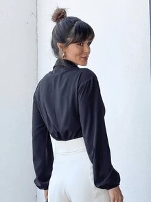 Versatile Cropped Shirt With Shiny Buttons On The Front, Super - màu đen - Xem 4