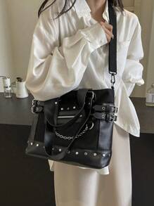 Dedoo Tote Bag 2024 Summer Rivet New Large-Capacity Handbag Ladies Fashion Messenger Bag Personalized Shoulder. - Black - View 4