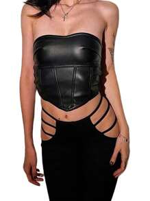 2022 Fashion  Women Sexy Off Shoulder Sleeveless Crop Tops Backless Solid Color PU Leather Tanks Vest Clubwear for Ladies - Negro - Ver 7