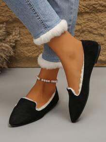 Plus Size Women's Fashionable Black Pointed Toe Fuzzy Lining Flat Shoes, Suitable For Daily Wear, Work, Driving, Warm And Comfortable Slip-On Loafers
