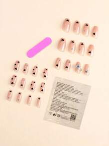 24pcs 3D Heart & Rhinestone Rhinestone Bare Pink Artificial Nail Tips Kit, Includes 1 Gel Polish & 1 Nail File Press On Nails