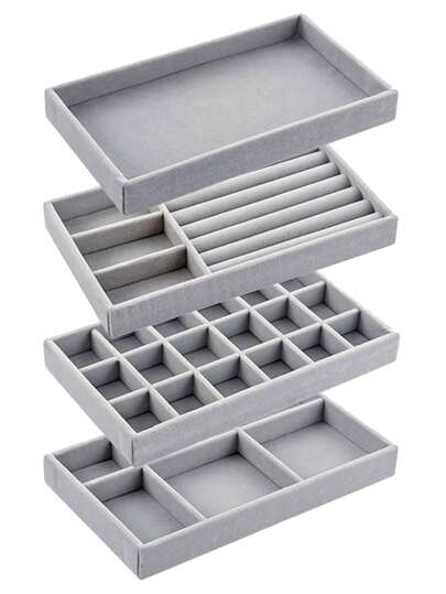 4pcs/Set Jewelry Tray, Stackable Jewelry Organizer Box, Multi-Functional Jewelry & Accessories Display And Storage Tray, Velvet Jewelry Tray, Grid Jewelry Tray, Suitable For Earrings, Necklaces, Bracelets, Rings, Various Sizes, Jewelry Organizer, Christmas Organiser, Jewelry Box Big, Makeup Organizer, Organizer, Makeup Organiser, Bag Display, Shelf Storage, Acrylic Shelves, Bag Organizer,Boho Vibes,For Holiday Beach, Bathroom Collection, Bedroom Collection, Large Capacity