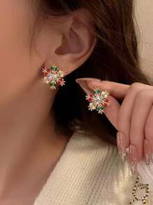 1 Pair Christmas Snowflake Rhinestone Stud Earrings, Colorful Luxury Accessory For Christmas Party And Daily Wear - Multicolor - View 3