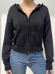 Womens Full Zip Knit Hoodies, Casual Solid Color Long Sleeve Drawstring Sweatshirts - Negro - Ver 2