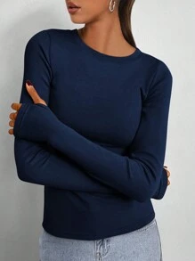 Women's Casual Top Spring Fall Long Sleeve Crew Neck Elastic Slim Fit Simple Basic Y2K Outing Shirt Clothes - 藏蓝色 - 查看 2