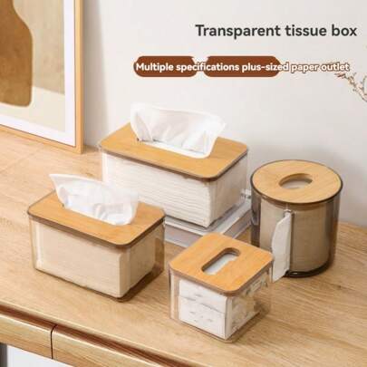 1 件竹木桌面纸巾盒，简约透明餐厅餐巾架带盖家居浴室装饰浴室收纳秋季装饰返校