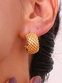 1 对 18K 镀金不锈钢时尚菱形网格螺丝耳环，适合女性日常和节日佩戴 - 金色 - 查看 5