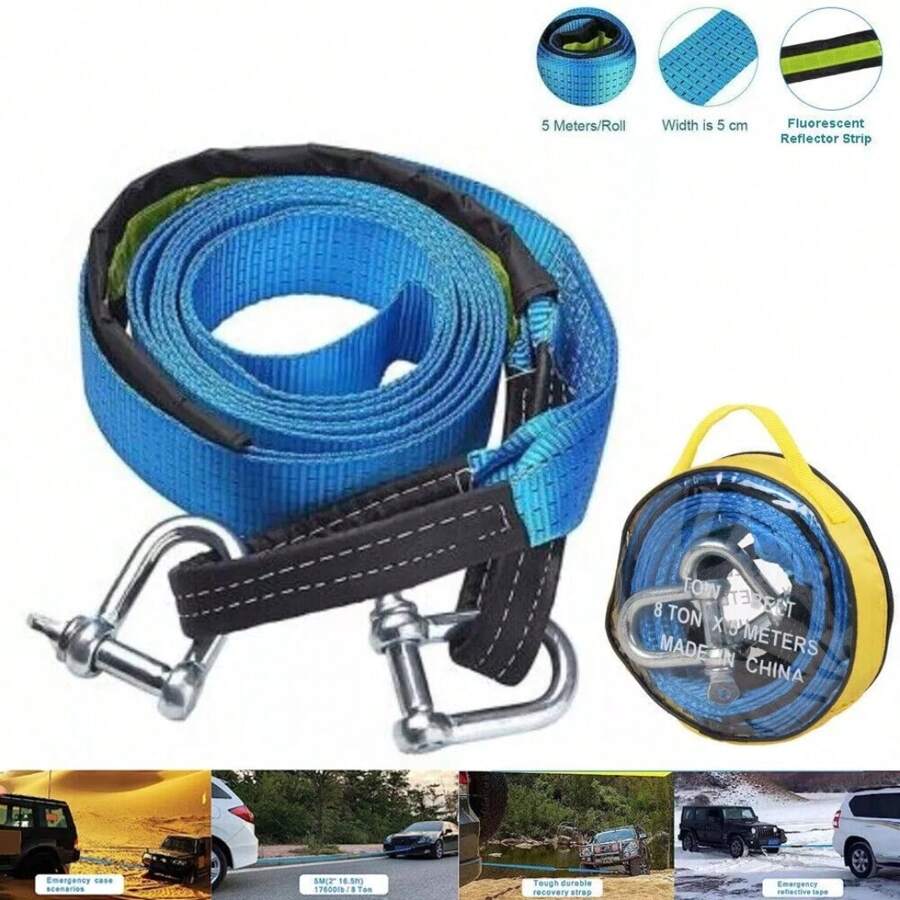 8T 16' 5M Tow Rope Heavy Duty Towing Pull Strap Road Recovery Two Shackles Chain - blue and black - View 1