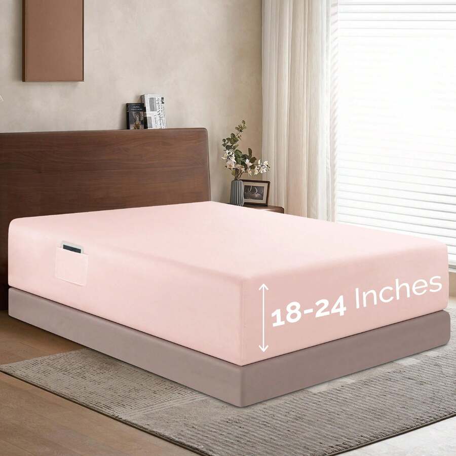 Elegant Comfort Luxury 1pc Extra Deep 18-24 Inch Deep Pocket Fitted Sheet - All Around Elastic Bedding Mattress Covers With Deep Pocket Up To 24 Inch And Double Sided Storage Pockets, Ultra Soft Machine Washable Luxury 1-Piece Bed Fitted Sheet - Fade And Wrinkle Resistant Premium Hotel Quality Twin/Full/Queen/King/Cal King Fitted Sheet, Christmas Decorations Gifts, Cozy Winter Styles, Bright Shades - 臉紅 - 查看 1