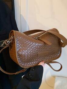 女士编织纹理时尚手提包，高端时尚流行新款休闲单肩斜挎包，容量大，适合秋冬季 - 棕色 - 查看 7