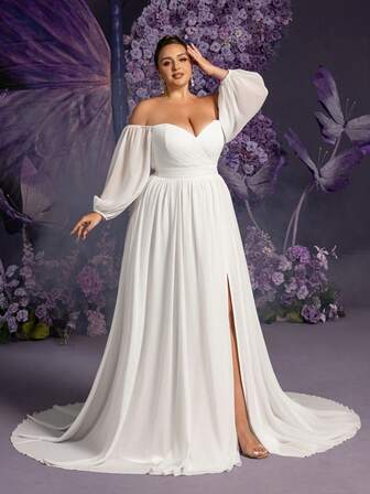 Faeriesty 加露肩裹身下摆婚纱，白色优雅长袖新娘礼服，新娘