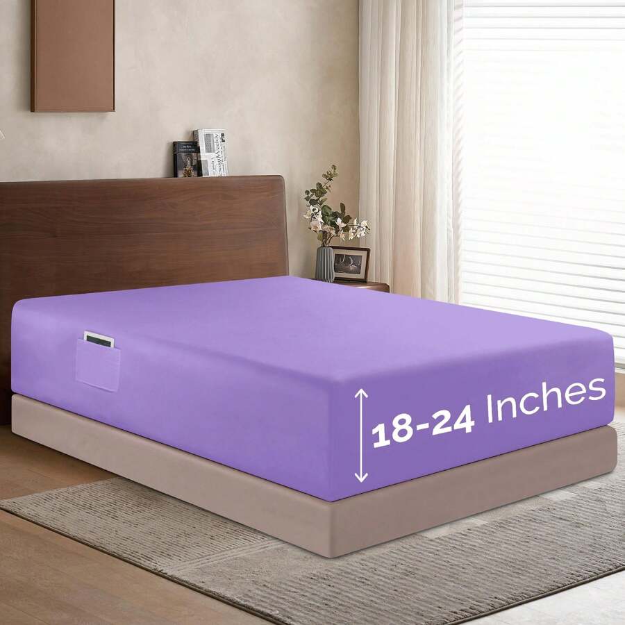 Elegant Comfort Luxury 1pc Extra Deep 18-24 Inch Deep Pocket Fitted Sheet - All Around Elastic Bedding Mattress Covers With Deep Pocket Up To 24 Inch And Double Sided Storage Pockets, Ultra Soft Machine Washable Luxury 1-Piece Bed Fitted Sheet - Fade And Wrinkle Resistant Premium Hotel Quality Twin/Full/Queen/King/Cal King Fitted Sheet, Christmas Decorations Gifts, Cozy Winter Styles, Bright Shades - 紫丁香 - 查看 1
