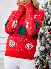 Women's Christmas Sweaters Long Sleeve Round Neck Snowflake Tree Print Loose Pullover Knit Tops - Red - View 3