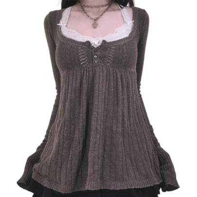 Fall Clothes For Women Knitted Tops Solid Color Long Sleeve Button Square Neck Tunic Blouse Sweaters Retro Y2k Fairy Grunge Aesthetic Knitwear