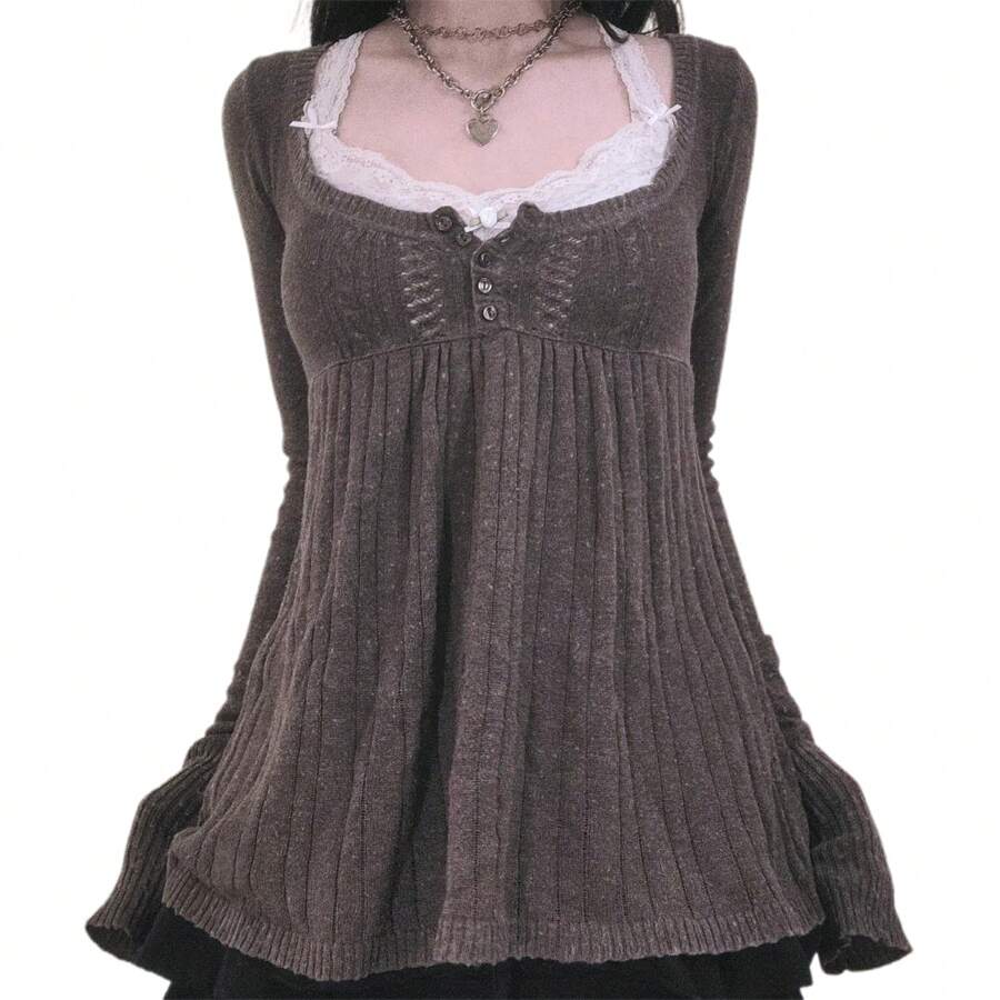 Fall Clothes For Women Knitted Tops Solid Color Long Sleeve Button Square Neck Tunic Blouse Sweaters Retro Y2k Fairy Grunge Aesthetic Knitwear - màu nâu - Xem 1