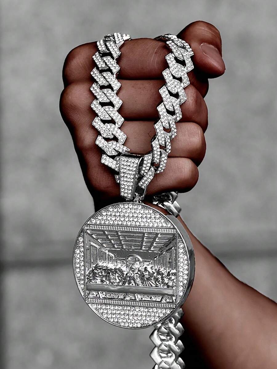 15毫米高品质水钻镶嵌“最后的晚餐”圆形吊坠项链，嘻哈风格珠宝，男女皆宜