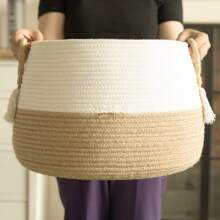 1pc Basket For Stuffed Animal, Clothes, Blankets Boho Baskets For Living Room, Bedroom, Nursery Cotton Rope Baskets, Cube Basket, Under Shelf Baskets For Home Decor Large - 白色&棕色 - 查看 3