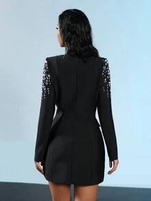 Modphy Black Double-Breasted Sexy V-Neck Long Sleeve Large Rhinestone Crystal Fitted Party Mini Lace-Up Dress Elegant Holiday Party Women's Dance Dress - Black - View 5