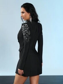 Modphy Black Double-Breasted Sexy V-Neck Long Sleeve Large Rhinestone Crystal Fitted Party Mini Lace-Up Dress Elegant Holiday Party Women's Dance Dress - Black - View 4