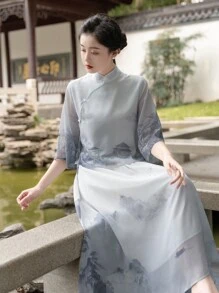 春季复古中国风唐朝渐变印花改良汉元素女士适合农历新年、日常、街头、通勤、居家等场合穿汉服上衣（仅上衣）