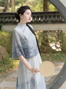 春季复古中国风唐朝渐变印花改良汉元素女士适合农历新年、日常、街头、通勤、居家等场合穿汉服上衣（仅上衣）