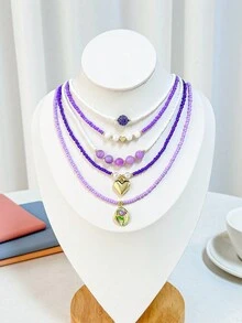 1 件时尚可爱的多颗紫白色种子珠串珠项链，适合女性搭配日常服装派对 - Purple Seed Beads - 查看 9