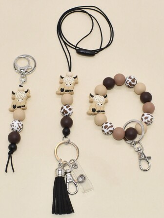 1pc Western Style Highland Cow Head Charm Silicone Cow Beads Keychain Wristlet Lanyard Designs S For Women Car Accessories Bag Charm School Cute Goth Y2k Halloween Accessories Teachers Day Christmas Gift Ideas Bag Lanyards With Id Holder Car Accessories Bag Charms
