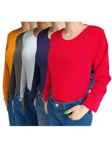 Paquete 5 blusas termica manga larga licra camiseta cuello redondo unitalla comoda ajuste perfecto basica prenda esencial - Rojo - Ver 1