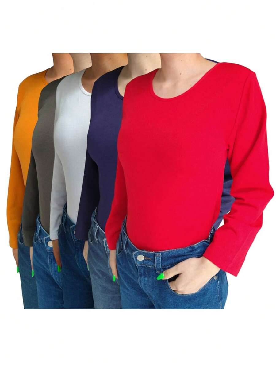 Paquete 5 blusas termica manga larga licra camiseta cuello redondo unitalla comoda ajuste perfecto basica prenda esencial - Rojo - Ver 1