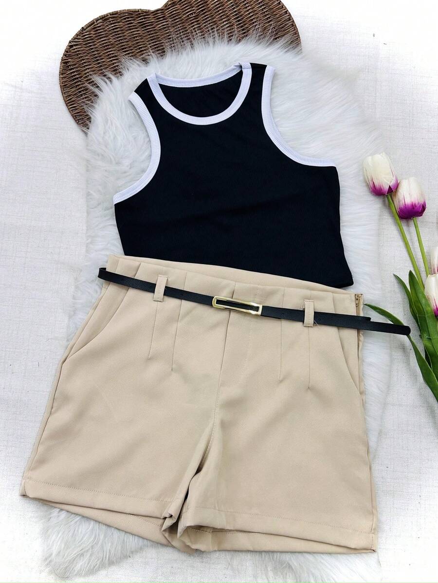 2pcs Set Of Cropped Top With Tailored Shorts With Belt - 黑色和杏色 - 查看 1