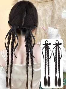 1 件黑色蝴蝶结黑色/棕色浅棕色/编织马尾辫 18 英寸天然黑色拳击编织合成长扭纹辫子马尾辫接发带橡皮筋接发适合女性日常使用