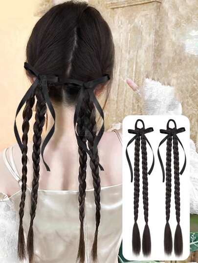 1 件黑色蝴蝶结黑色/棕色浅棕色/编织马尾辫 18 英寸天然黑色拳击编织合成长扭纹辫子马尾辫接发带橡皮筋接发适合女性日常使用