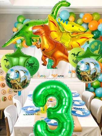 14pcs/Set Dinosaur Balloon Birthday Party Decorations, Including Tyrannosaurus Rex, Brachiosaurus, Pterodactyl Balloons, Green Number Balloons, Dinosaur Print Balloons, Suitable For Dinosaur Birthday Party, Christmas, Tropical Jungle Party, Jurassic Theme Decor