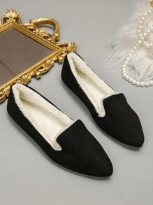 Plus Size Women's Fashionable Black Pointed Toe Fuzzy Lining Flat Shoes, Suitable For Daily Wear, Work, Driving, Warm And Comfortable Slip-On Loafers