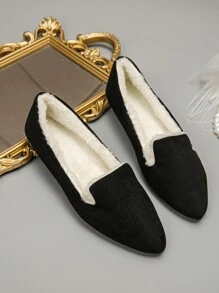 Plus Size Women's Fashionable Black Pointed Toe Fuzzy Lining Flat Shoes, Suitable For Daily Wear, Work, Driving, Warm And Comfortable Slip-On Loafers