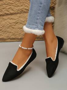 Plus Size Women's Fashionable Black Pointed Toe Fuzzy Lining Flat Shoes, Suitable For Daily Wear, Work, Driving, Warm And Comfortable Slip-On Loafers