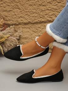 Plus Size Women's Fashionable Black Pointed Toe Fuzzy Lining Flat Shoes, Suitable For Daily Wear, Work, Driving, Warm And Comfortable Slip-On Loafers