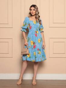 Women's Midi Dress | Crepe With Elastec L Flower L Shoulder To Shoulder. - 水鴨藍 - 查看 4