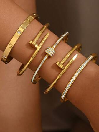 1 szt. Złote bransoletki ze stali nierdzewnej, cyrkonia, wkładka z cyrkonii, bransoleta ze stali tytanowej, biżuteria, biżuteria złota, biżuteria, bransoletki damskie, akcesoria, biżuteria ze stali nierdzewnej, bransoletki dla kobiet, biżuteria zachodnia, polerowanie lustrzane, powłoka próżniowa